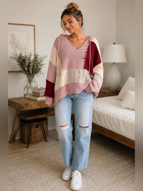 POL Sweaters - POL Patchwork Cable Knit Hooded Sweater Boho Oversized Small